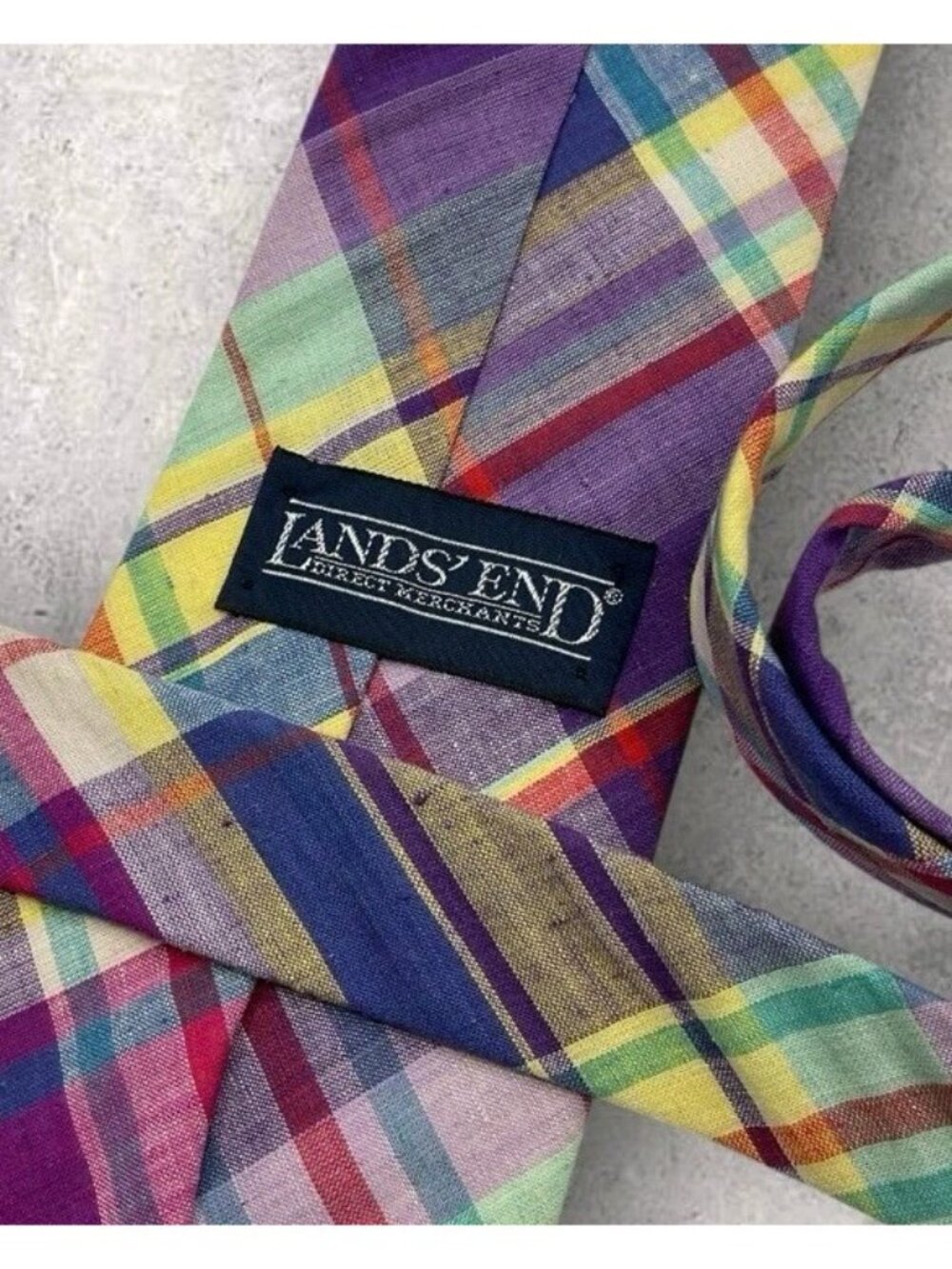 LANDS' END Cotton Tie USA Purple Blue Pink Tartan W:3.6" EUC - Picture 2 of 5